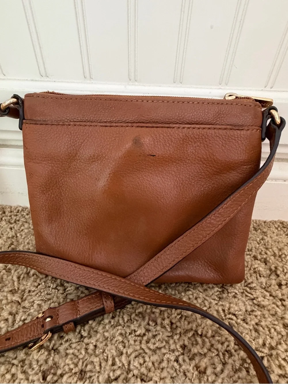 Michael Kors Chestnut Brown Leather Crossbody with Gold MK Emblem